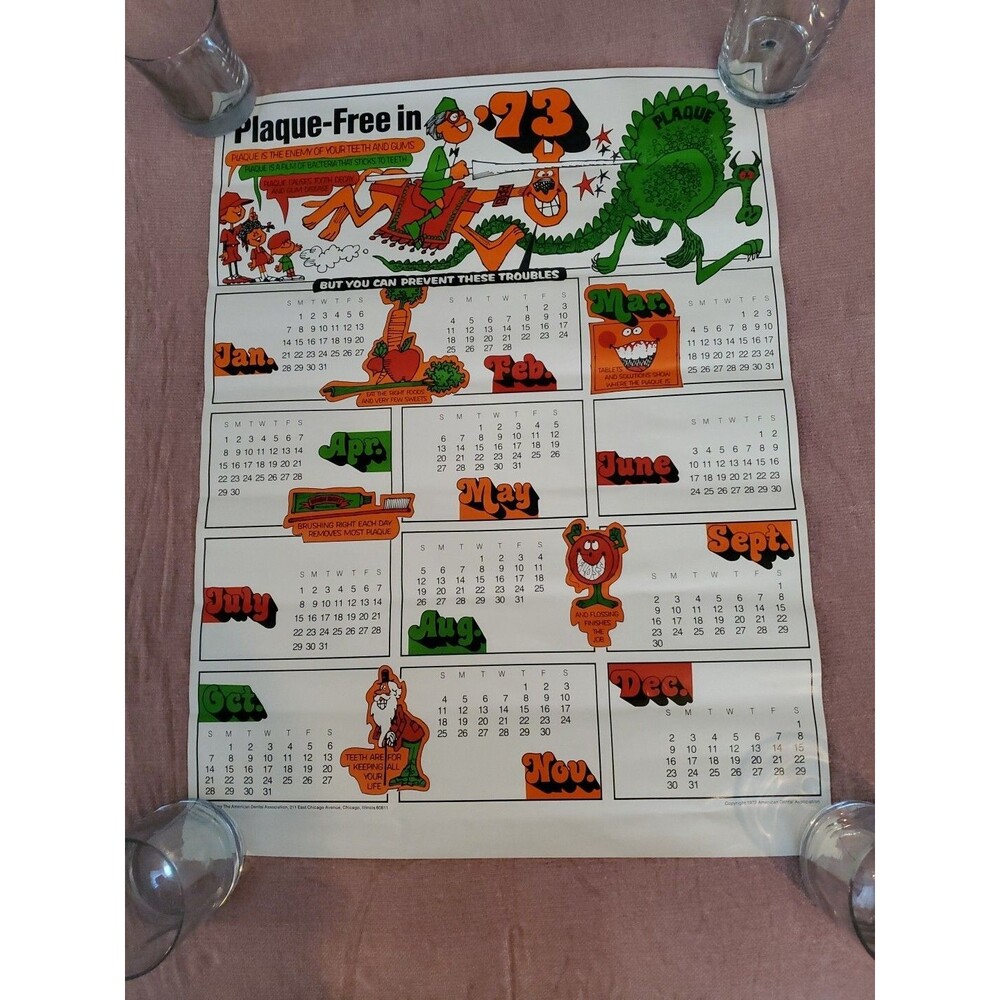 VTG 1972 American Dental Association Ad Colorful Plaque-Free Poster 24" X 18"